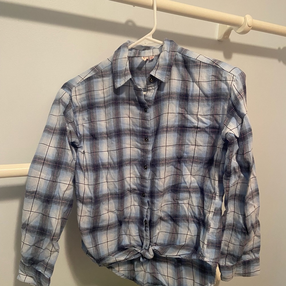 Girls SO Blue button down shirt with tie at the bottom. In Excellent Condition!